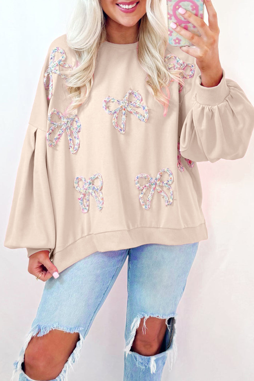 Embroidered Bow Lantern Sleeve Oversized Pullover Sweatshirt