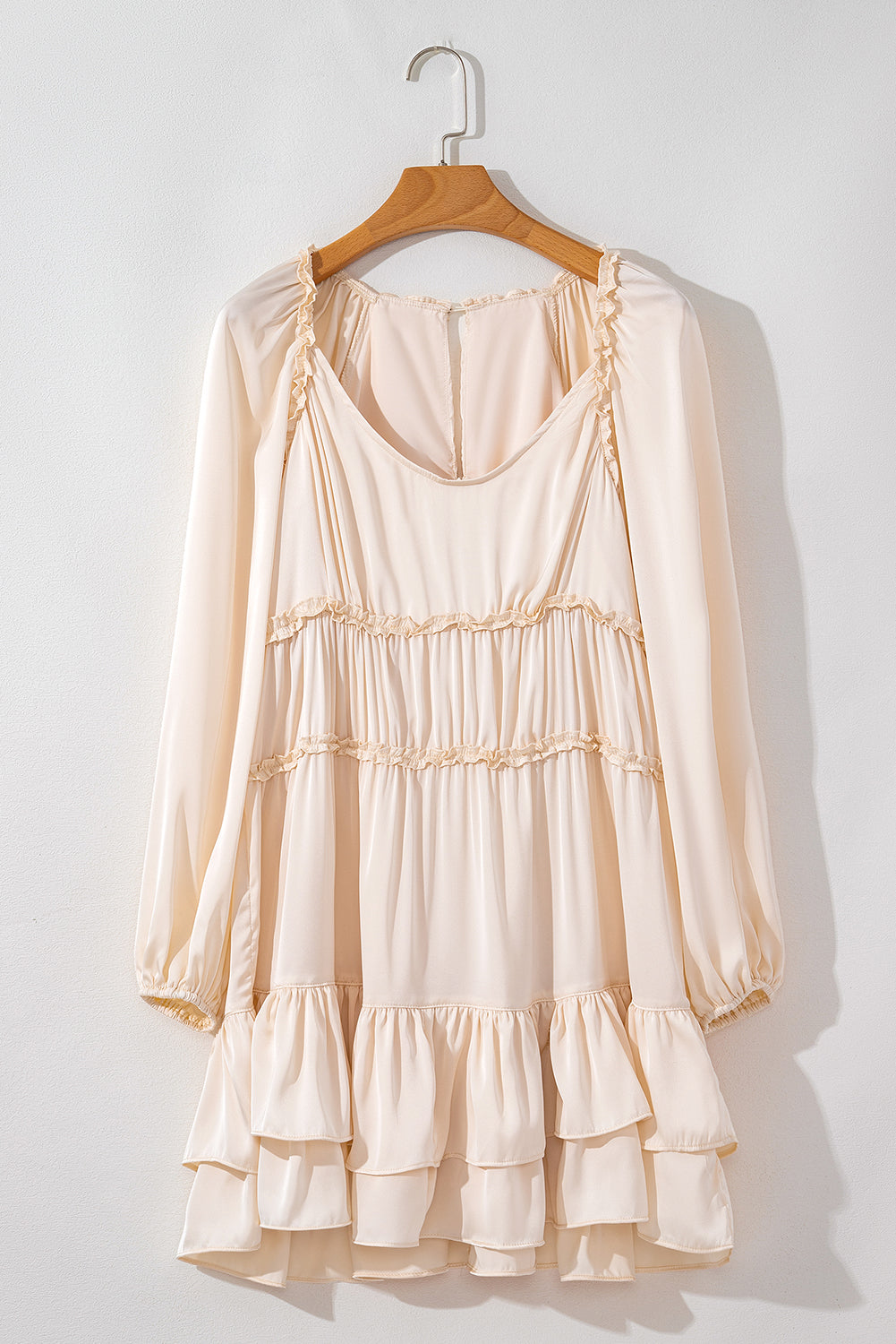 Apricot Tiered Ruffled Puff Sleeve Loose Fit Mini Dress