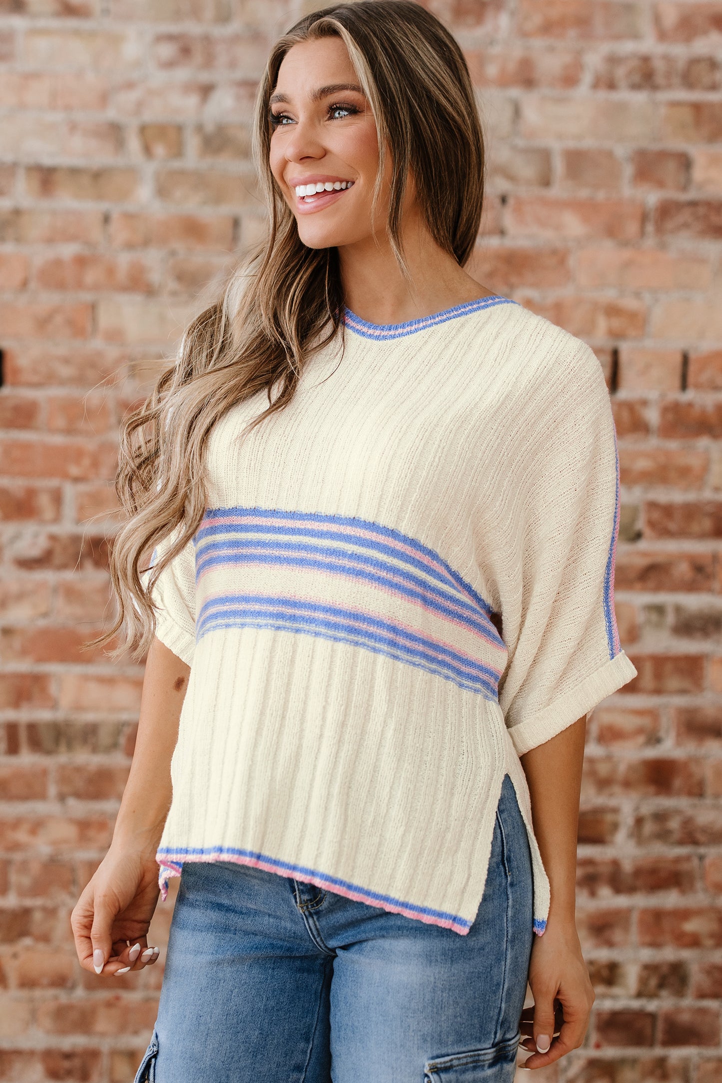 Striped V Neck Dolman Sleeve Rib Knit Oversized Sweater with Slits