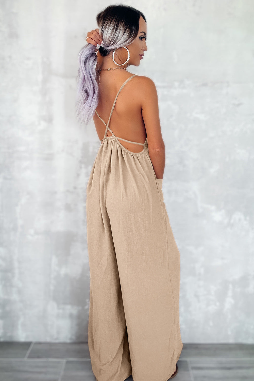 Spaghetti Straps Waist Tie Wide Leg Jumpsuit with Pockets