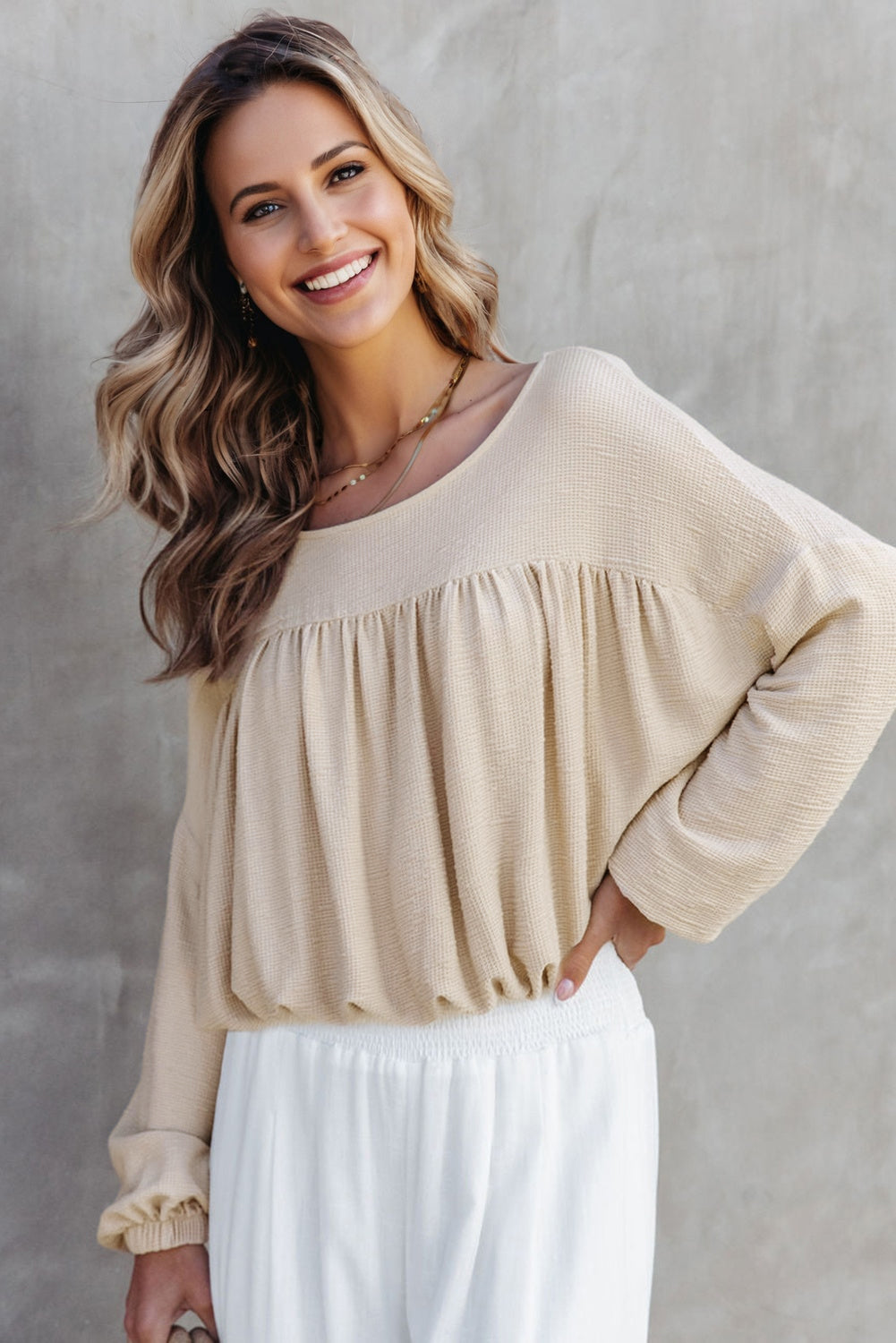 Textured Pleated Drop Shoulder Long Sleeve Knit Top