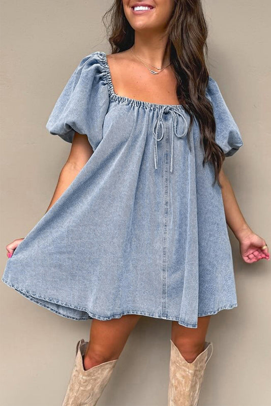 Bubble Sleeve Square Neck Denim Babydoll Dress