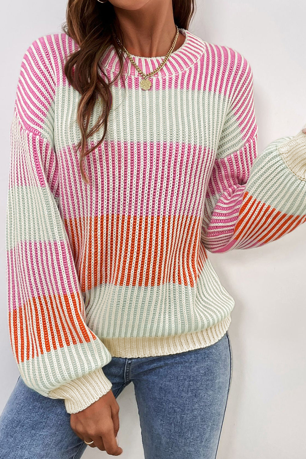 Colorblock Textured Knit Bubble Sleeve Sweater