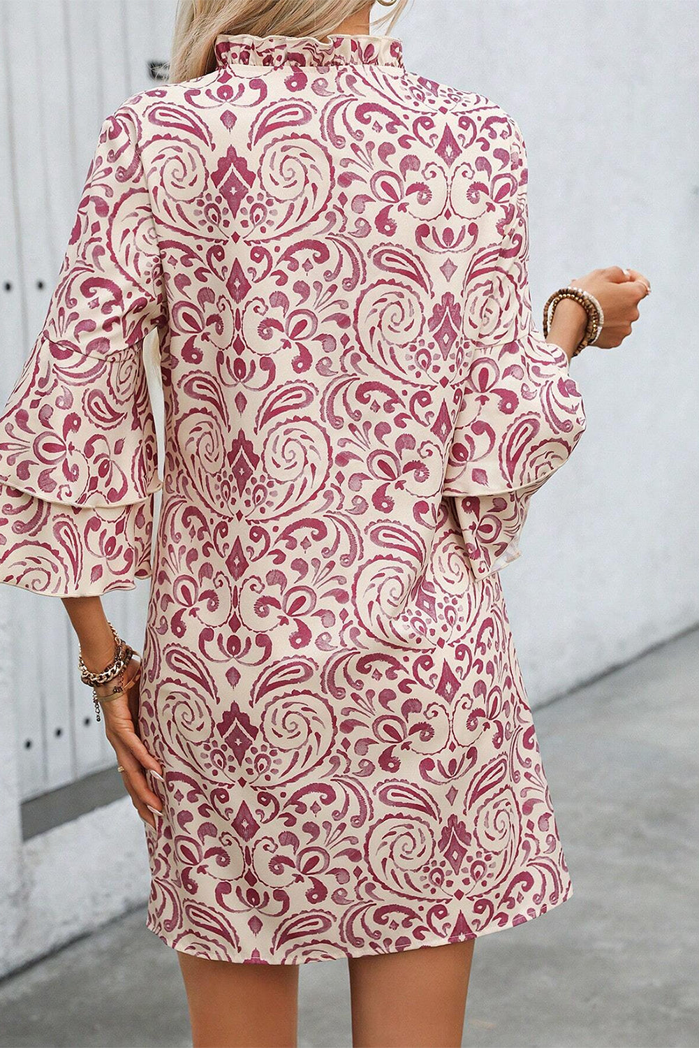 Paisley Print Tiered 3/4 Sleeve Notched Neck Mini Dress