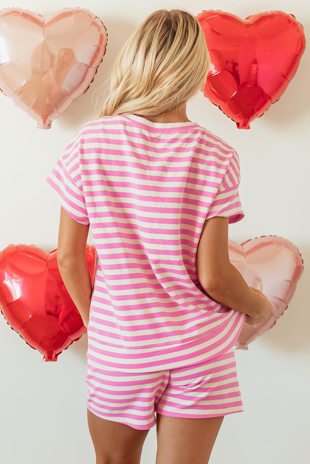 Stripe Crew Neck T Shirt and Drawstring Shorts Set