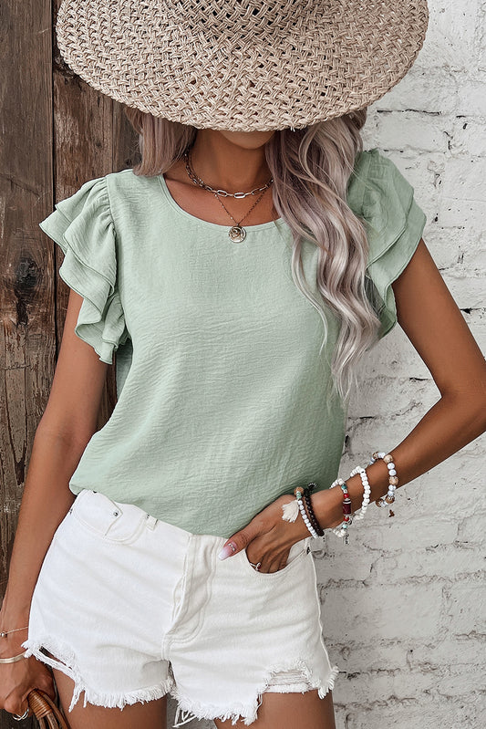 Solid Color Ruffled Short Sleeve Casual Blouse