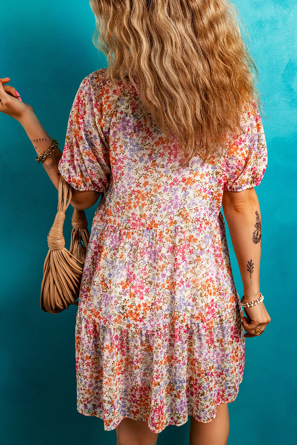 Floral Puff Sleeve Notched V Neck Tiered Mini Dress