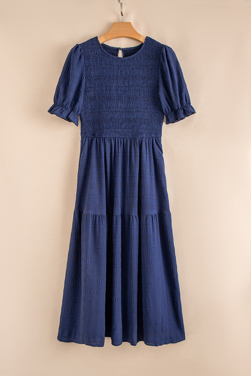 Solid Textured Smocked Puff Short Sleeve High Waist Long Dress