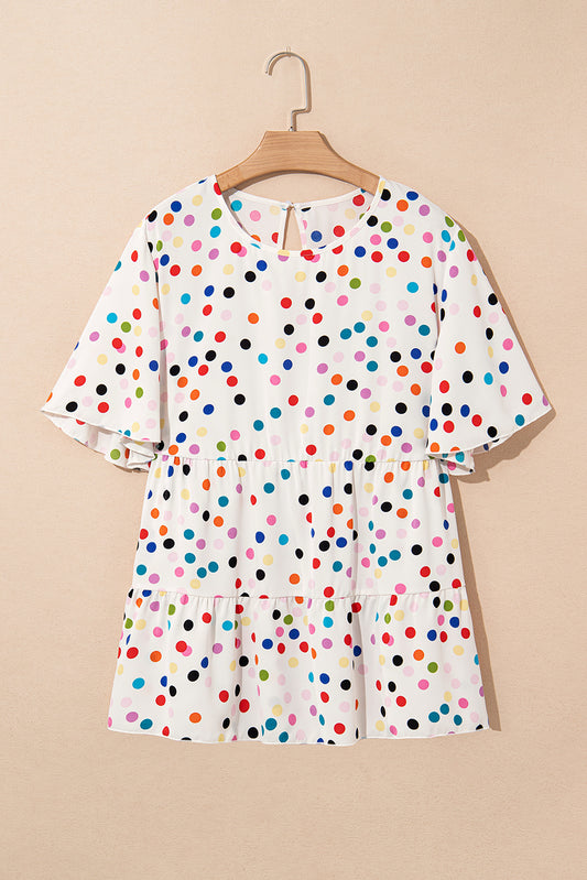 Colorful Polka Dot Print Short Sleeve Ruffled Plus Size Babydoll Blouse