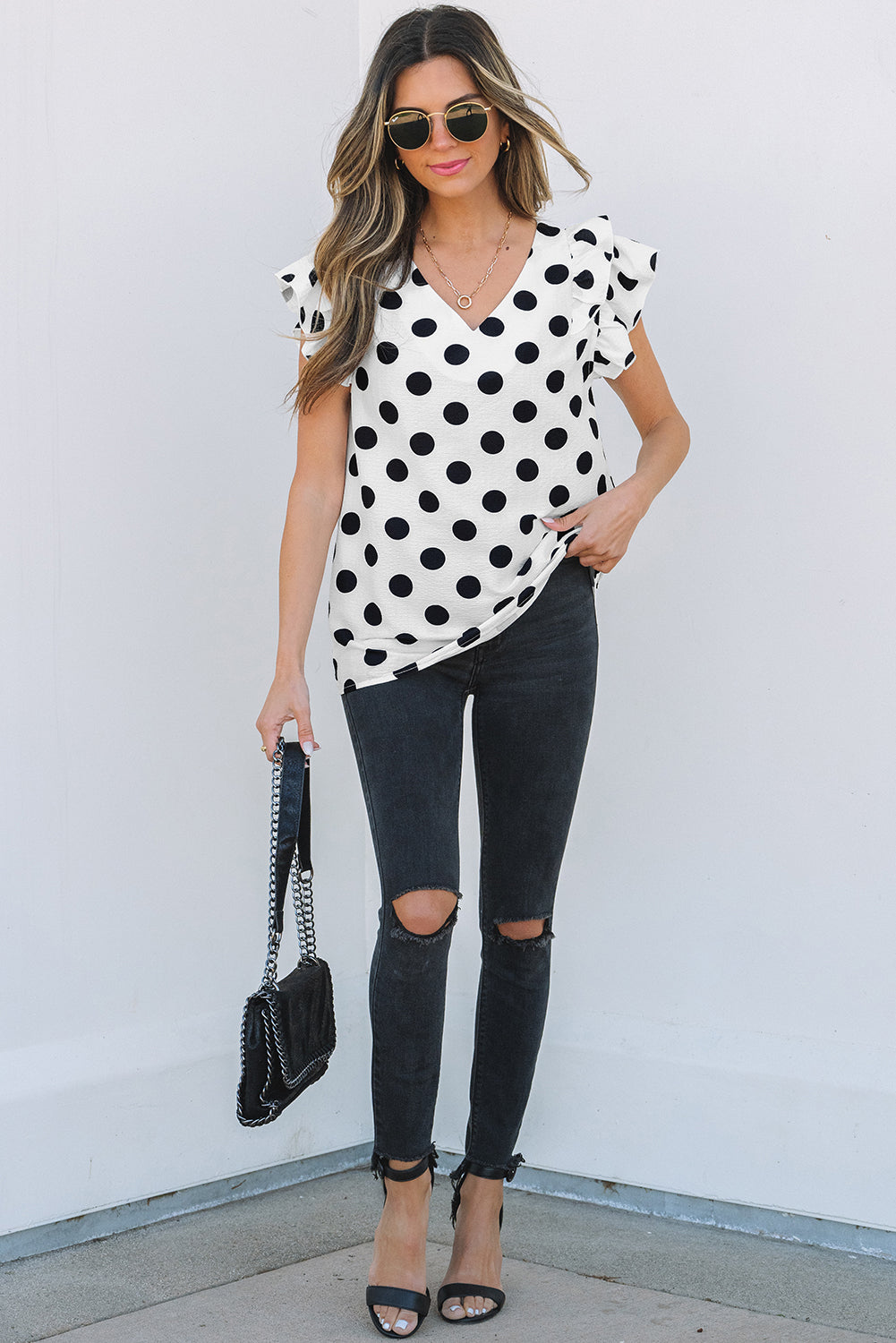 Polka Dot Print Ruffled Sleeve V Neck Blouse