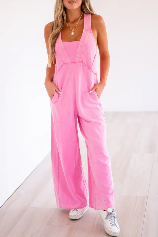Mineral Wash Raw Seam Patchwork Wide Leg Loose Jumpsuit