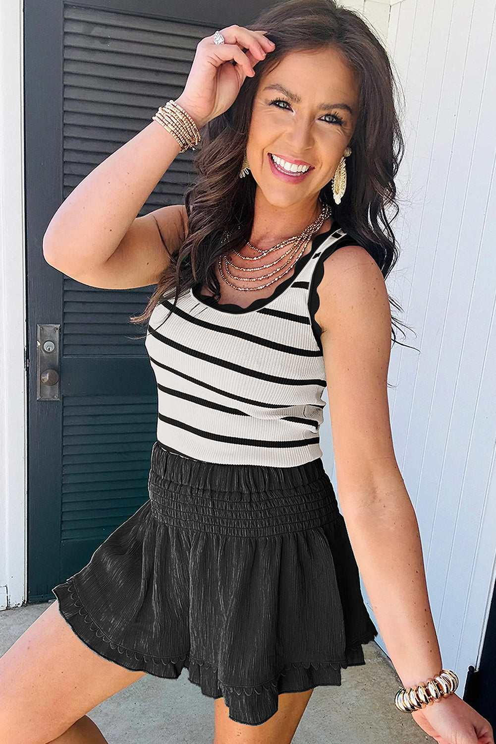 Striped Scalloped Edge U Neck Sleeveless Sweater Vest