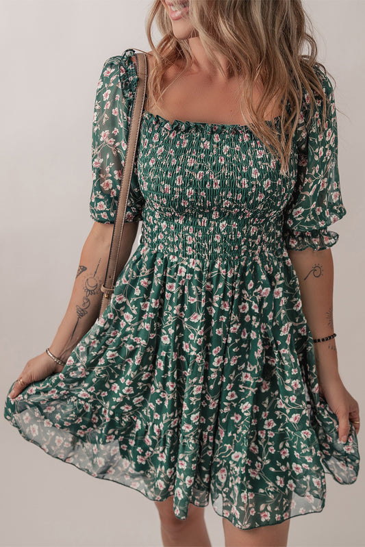 Smocked Square Neck Puff Short Sleeve Floral Dress