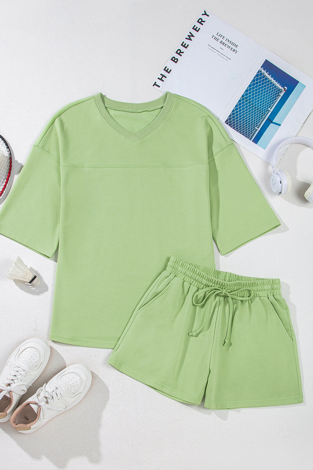 Solid Loose V Neck Half Sleeve Tee and Shorts