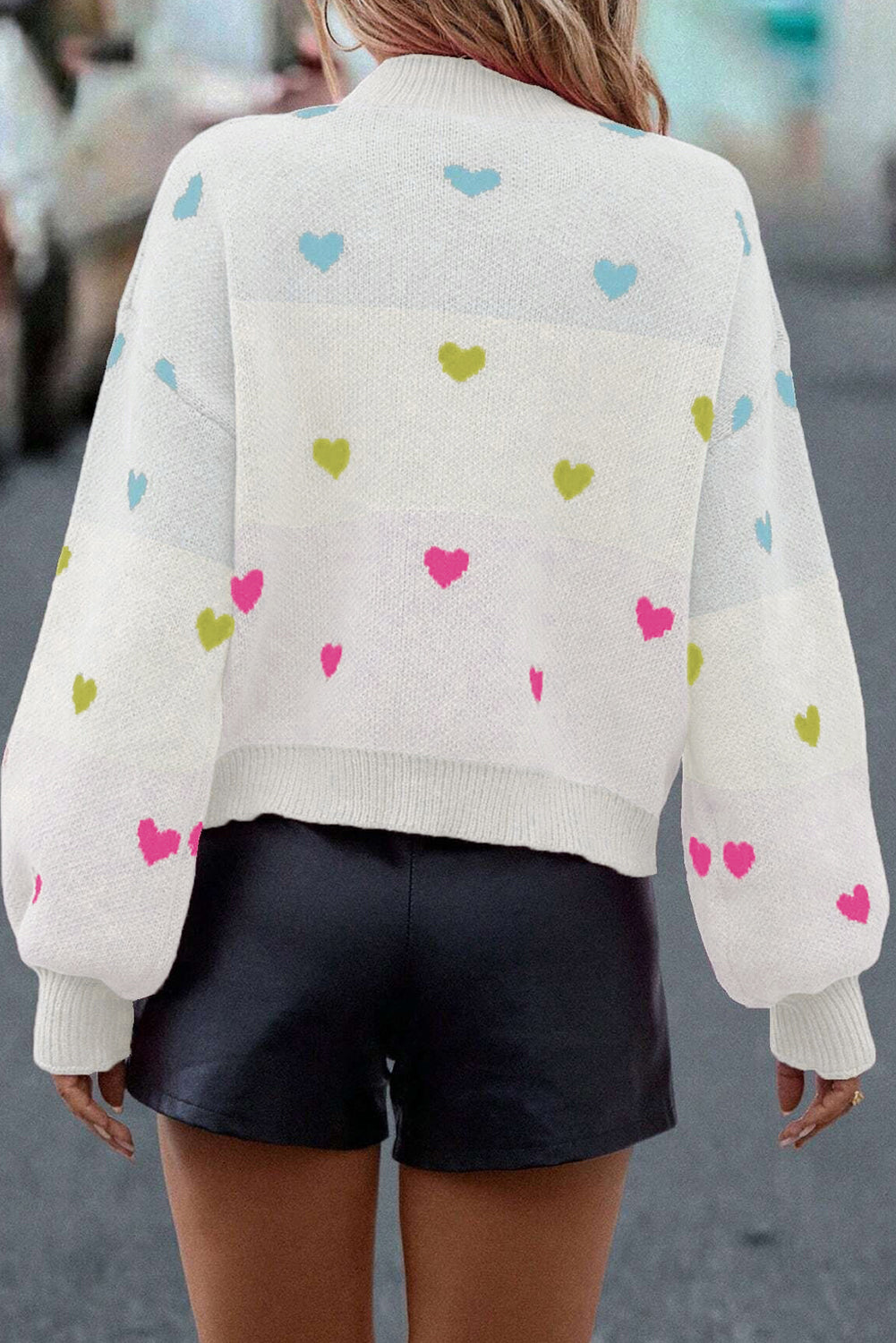 Heart Pattern Colorblock Knit High Neck Baggy Sweater
