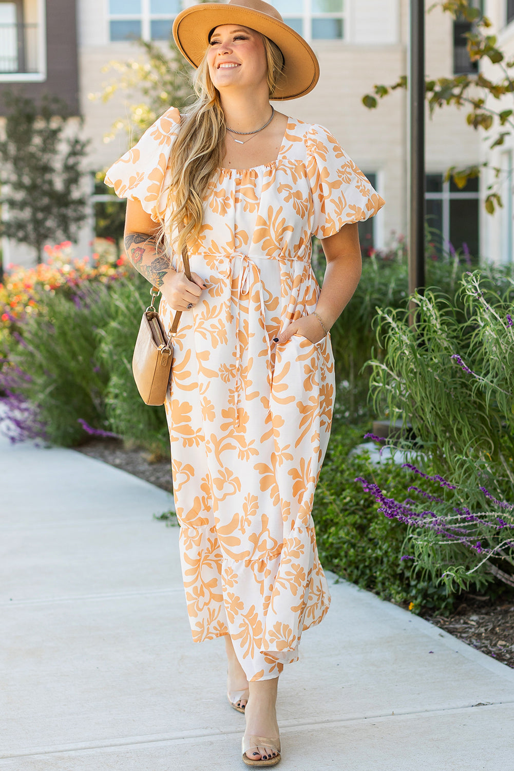 Floral Print Puff Short Sleeve Resort Plus Size Maxi Dress