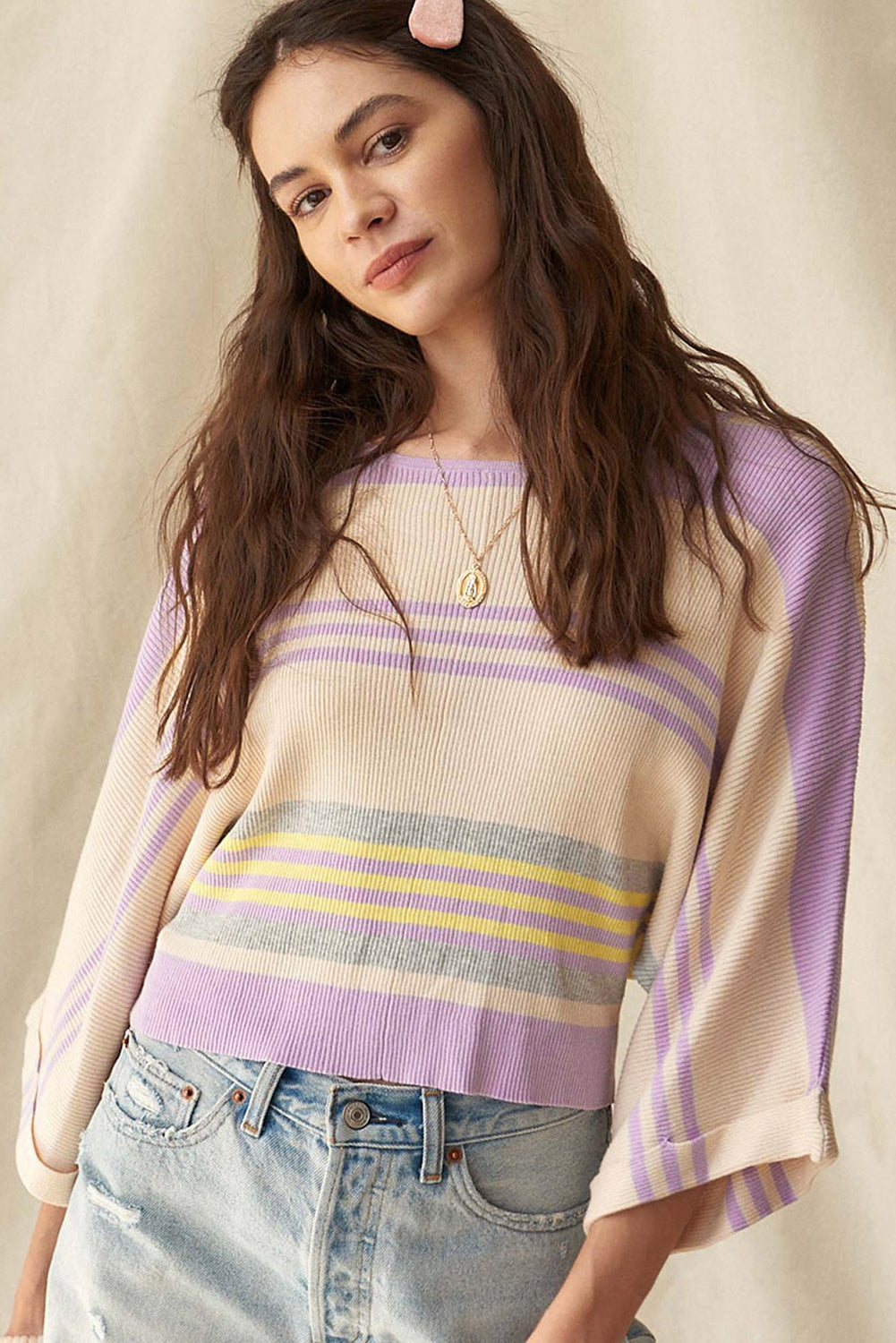 Borderline Rib Knit Cuffed Dolman Sleeve Sweater