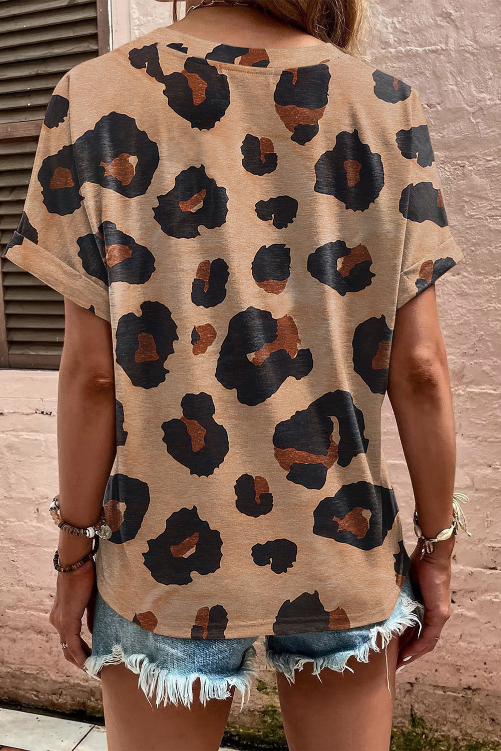 Leopard Folded Short Sleeve Buttoned V Neck T Shirt