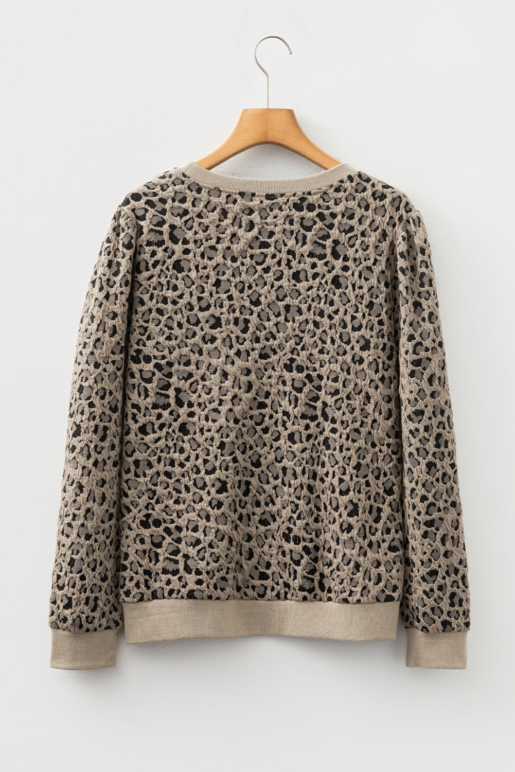 Ribbed Trim Leopard Print Long Sleeve Top