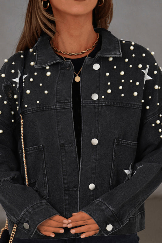 Distressed Pearls Star Cropped Denim Jacket