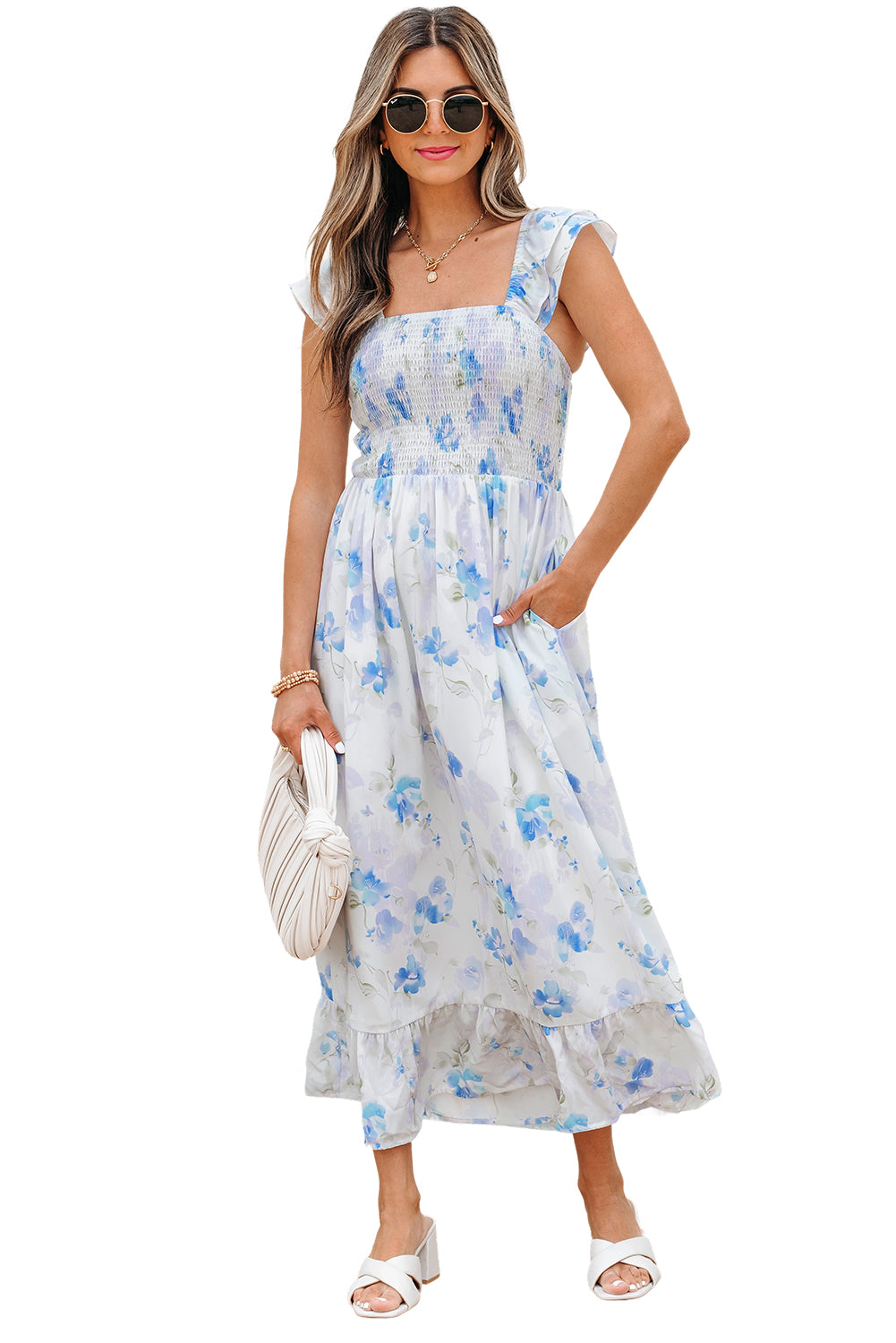 Floral Smocked High Waist Double Ruffle Sleeveless Long Dress