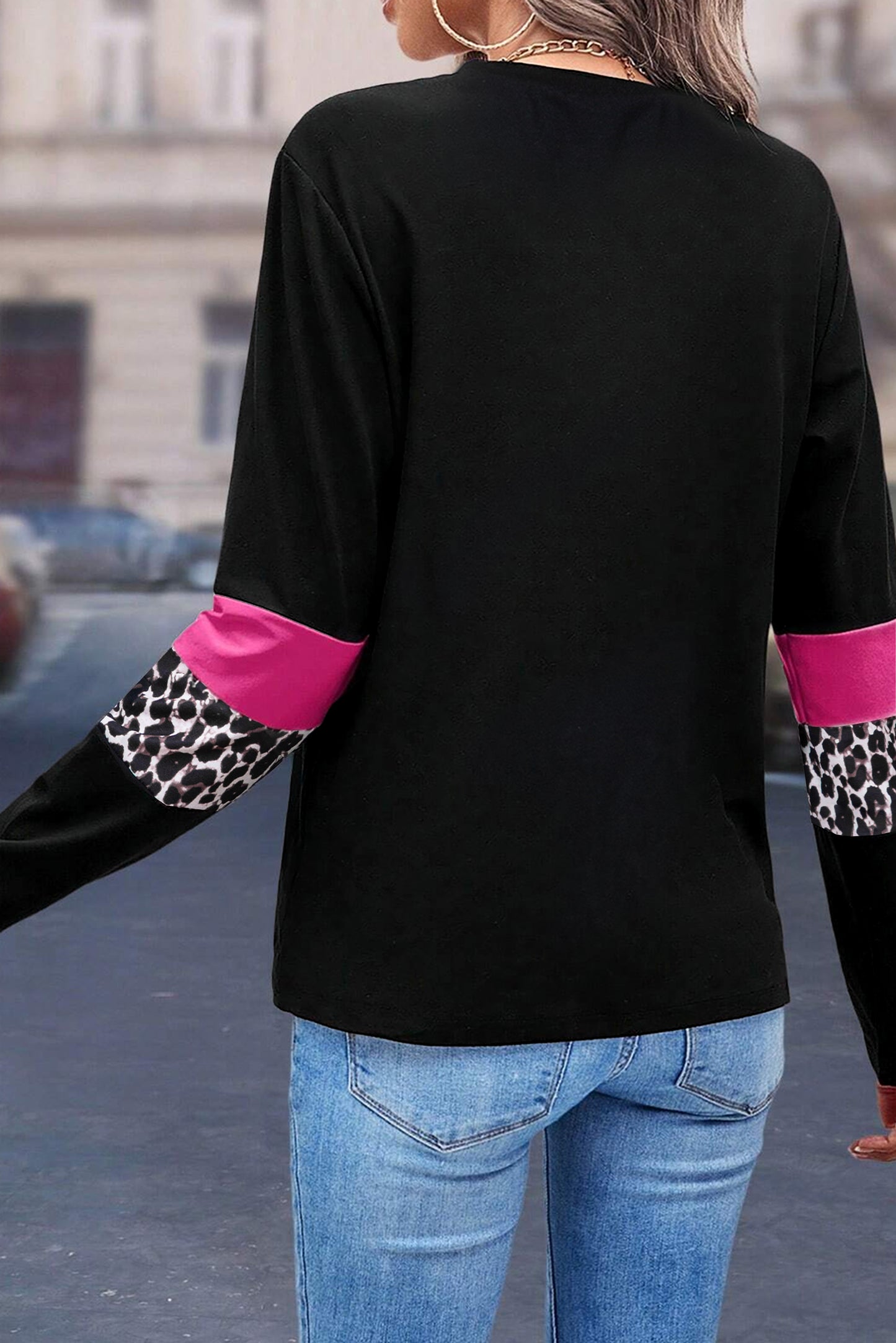 Leopard Colorblock Patchwork Crew Neck Long Sleeve Tee