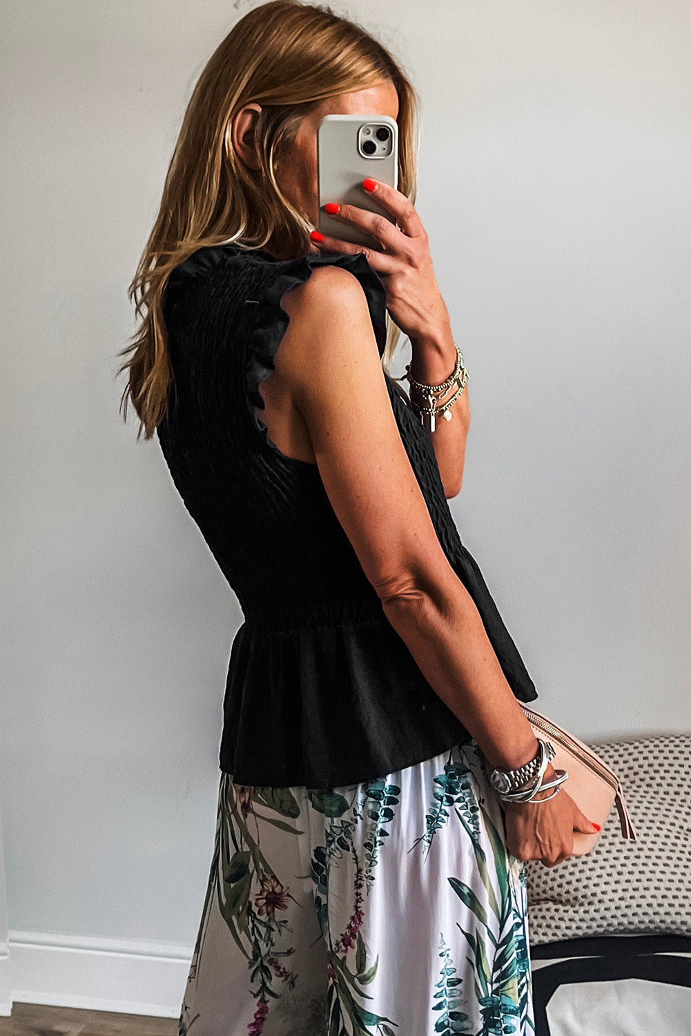 Ruffle Short Sleeve Shirred Peplum Top