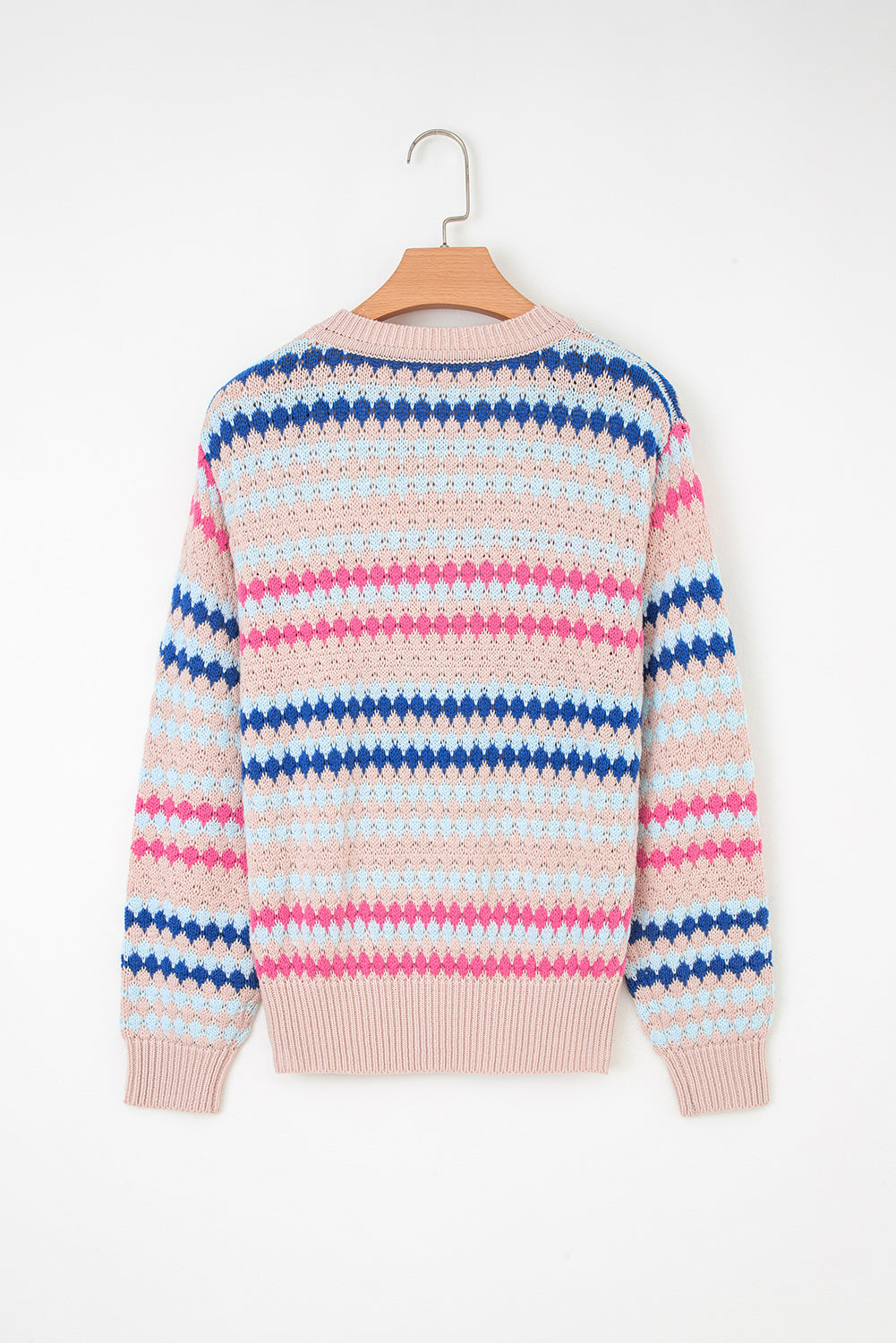 Stripe Eyelet Patterned Drop Shoulder Sweater