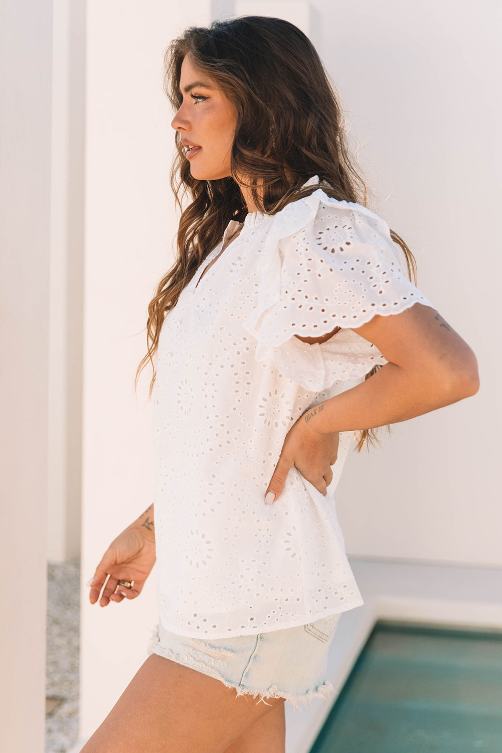 Broderie Anglaise Ruffle Short Sleeve Blouse