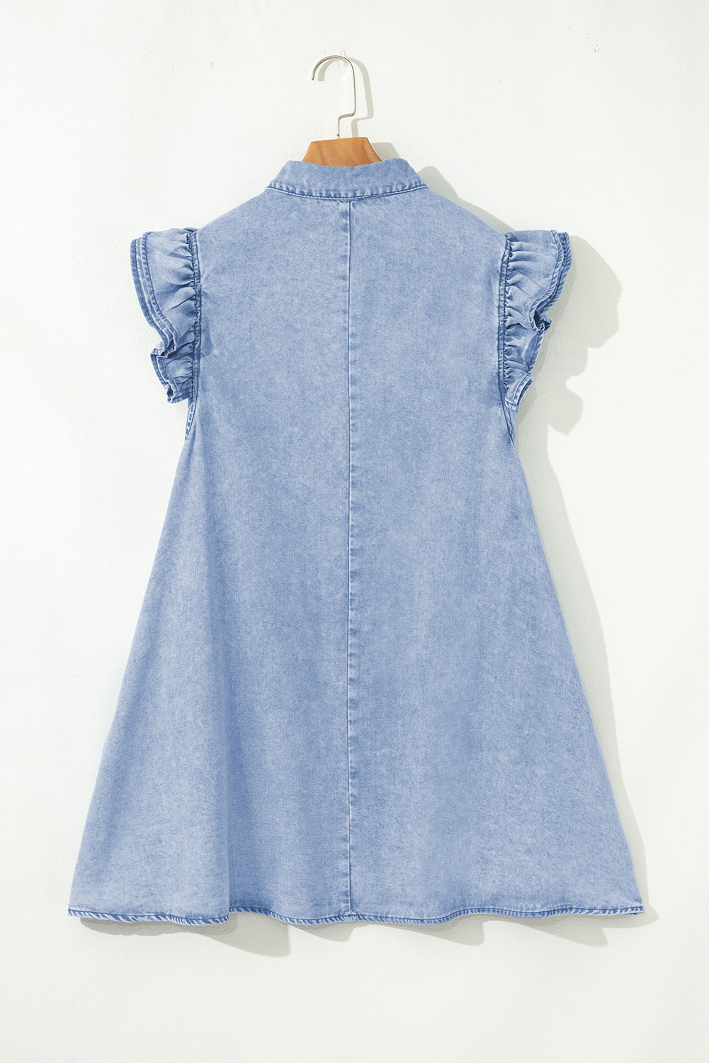 Double Ruffled Sleeves Buttoned A-line Collared Mini Denim Dress