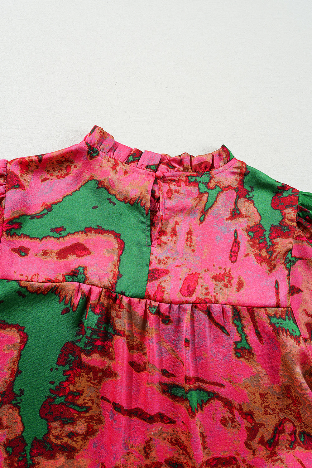 Abstract Print Frilly Neckline Puff Sleeve Blouse