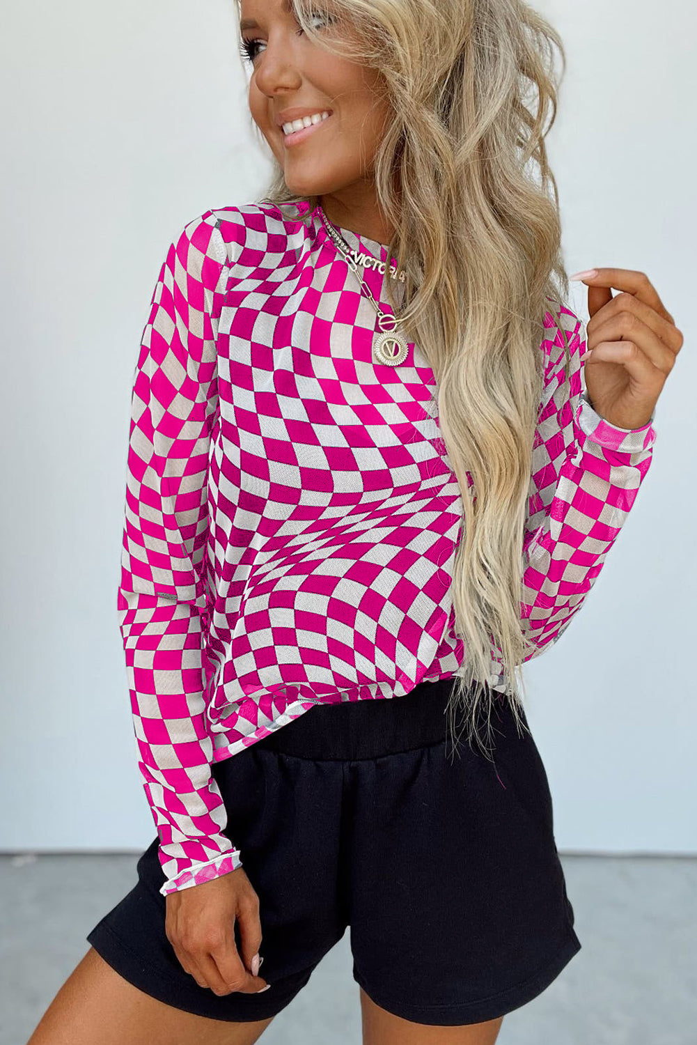 Checkered Pattern Mesh Mock Neck Long Sleeve Top