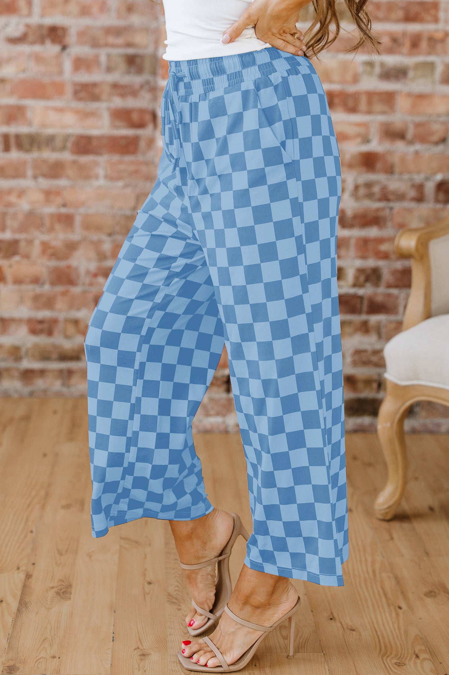 Checkered Elastic High Waist Loose Casual Pants