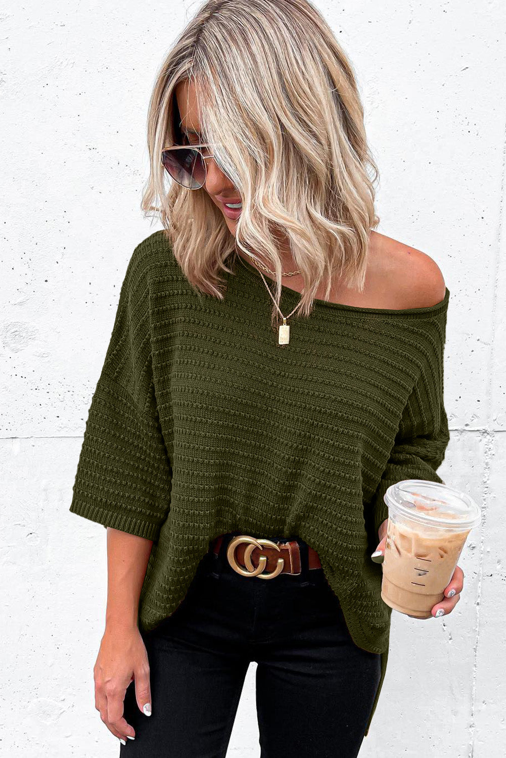 Textured Knit Drop Shoulder Short Sleeve Sweater