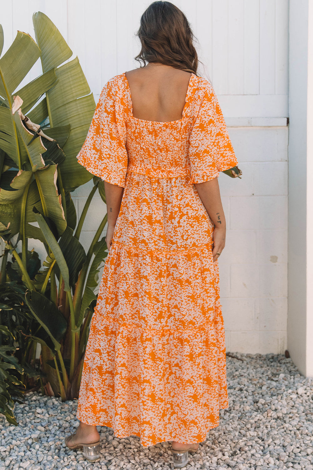 Floral Print Smocked V Neck Wide Sleeve Maxi Dress