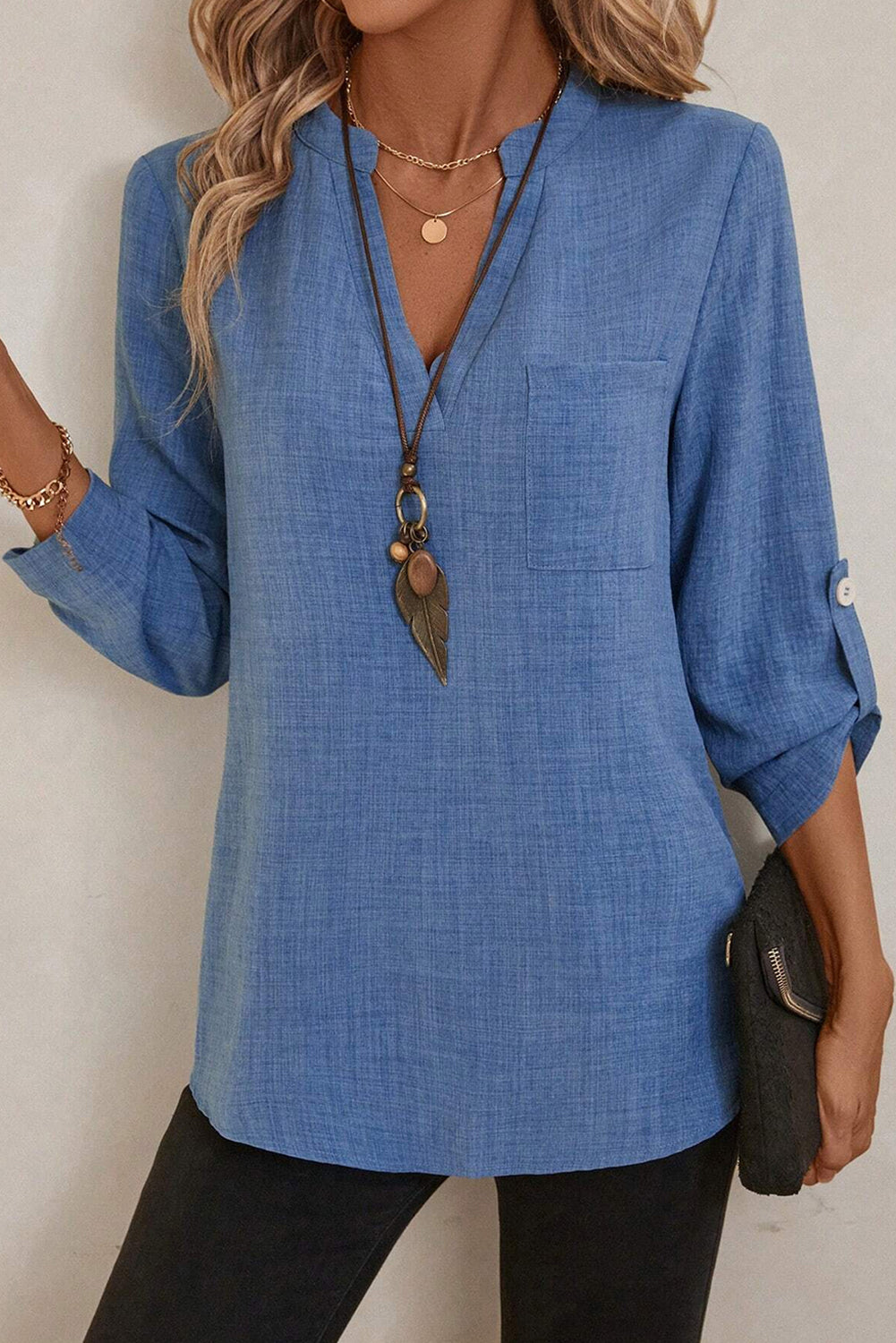 Solid Color Notched V Neck Roll up 3/4 Sleeve Blouse