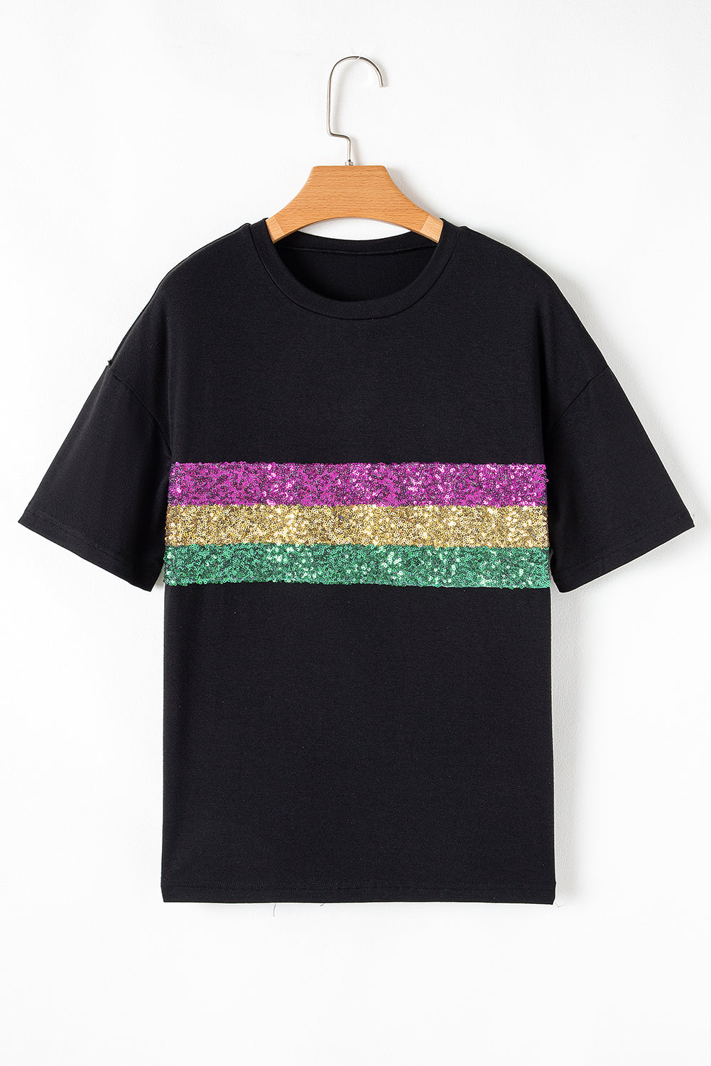 Sequin Stripes Patchwork Mardi Gras Crew Neck T Shirt