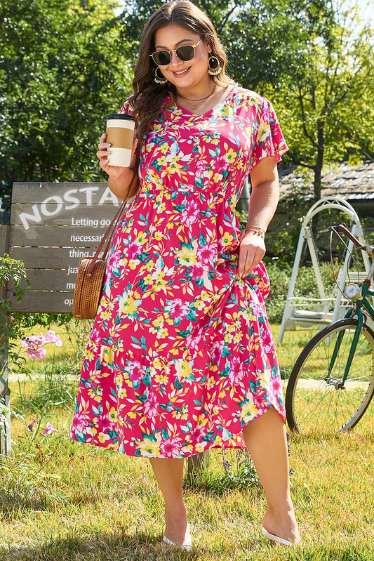 Floral Print V Neck Pocketed High Waist Plus Size Midi Dress