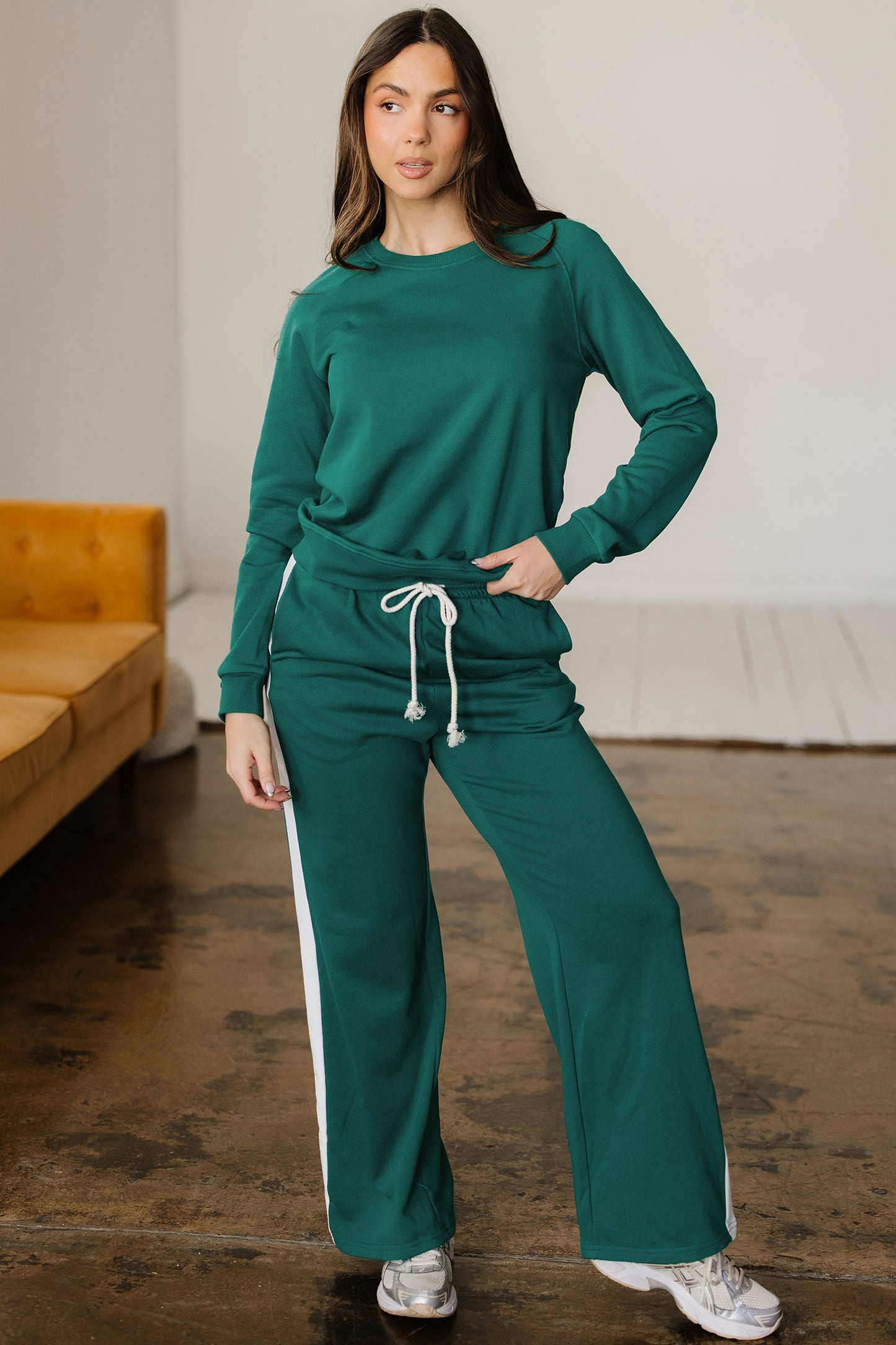 Solid Color Pullover Top Varsity Stripe Detail Loose Drawstring Pants Set