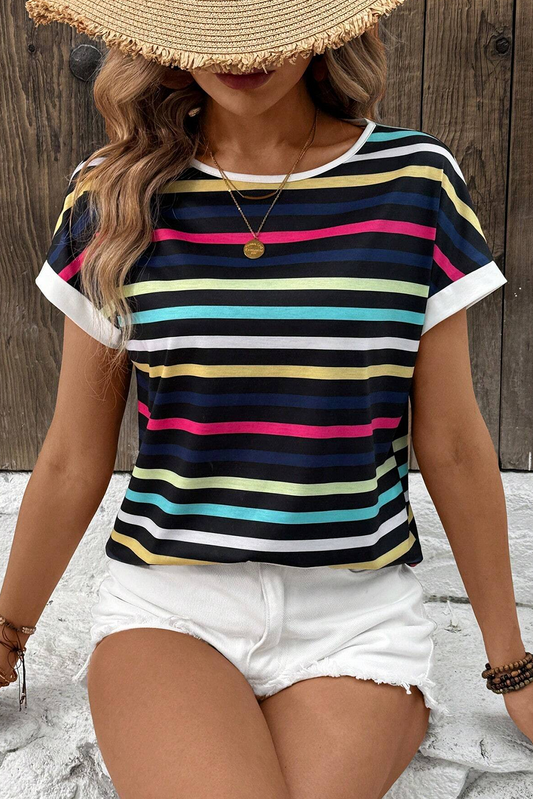 Stripe Multicolor Contrast Edge Crew Neck T Shirt