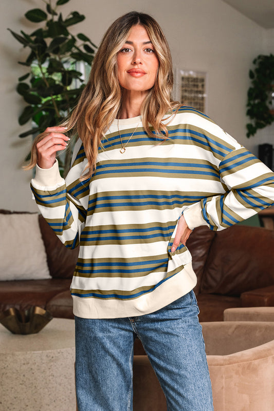 Stripe Crew Neck Drop Shoulder Pullover Sweatshirt