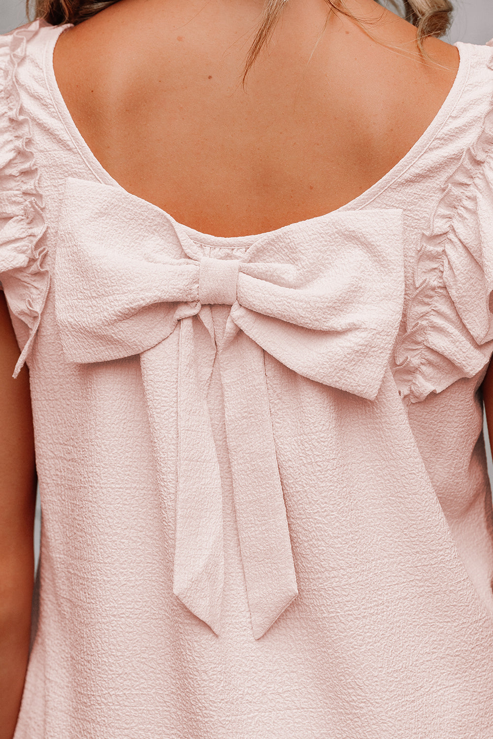 Textured Flutter Sleeve Square Neck Bow Back Mini Dress