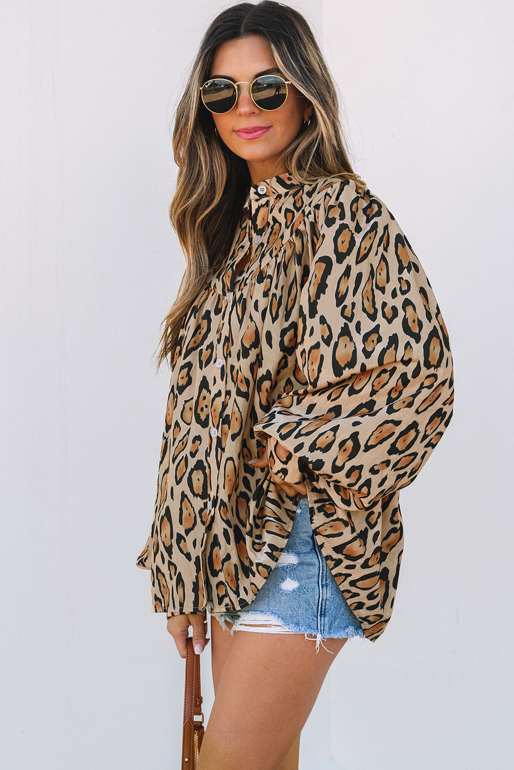 Oversized Leopard Print Balloon Sleeve Casual Shirt