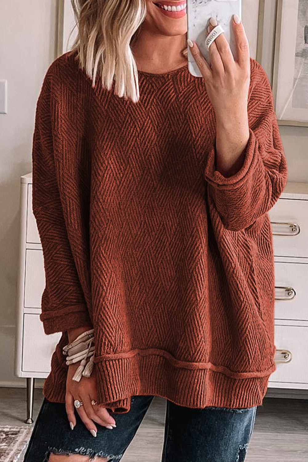 Solid Color Textured Crew Neck Loose Sweater