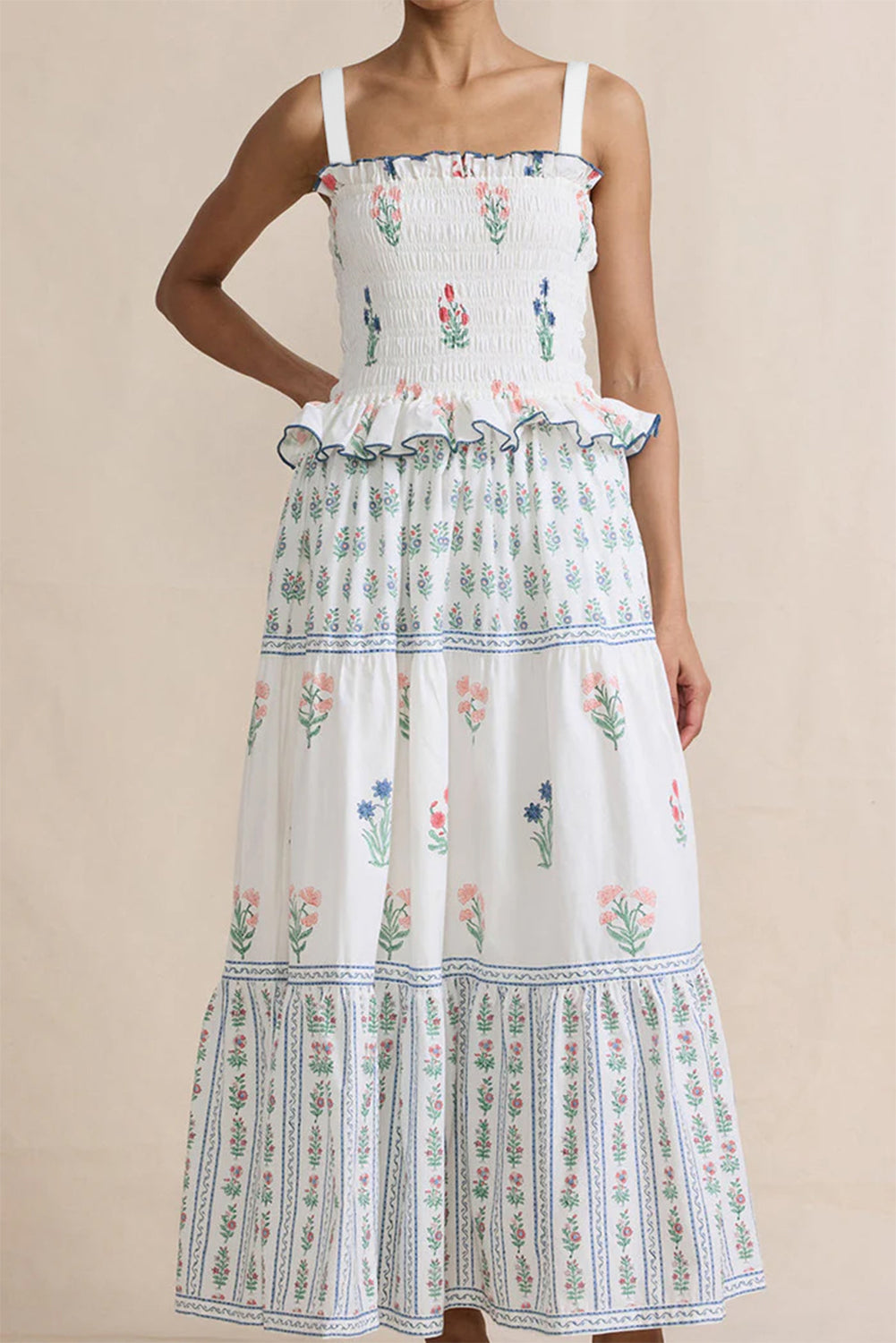 Floral Print Smocked Ruffled Sleeveless Maxi Dress