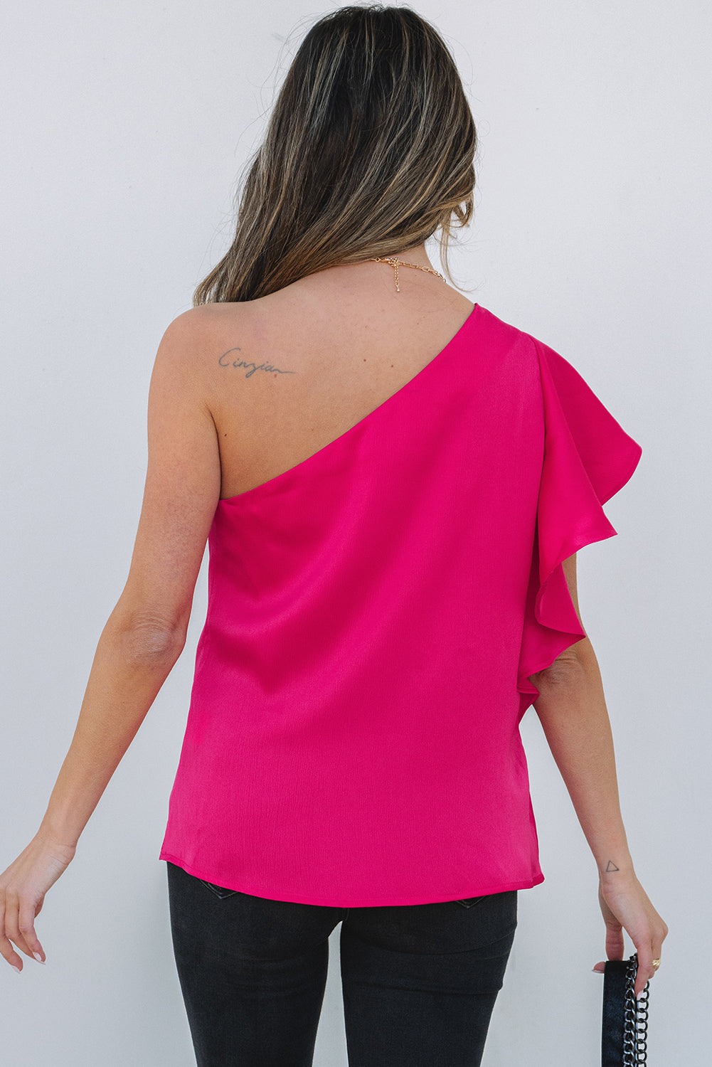 Asymmetric Shoulder Ruffle Sleeve Elegant Blouse