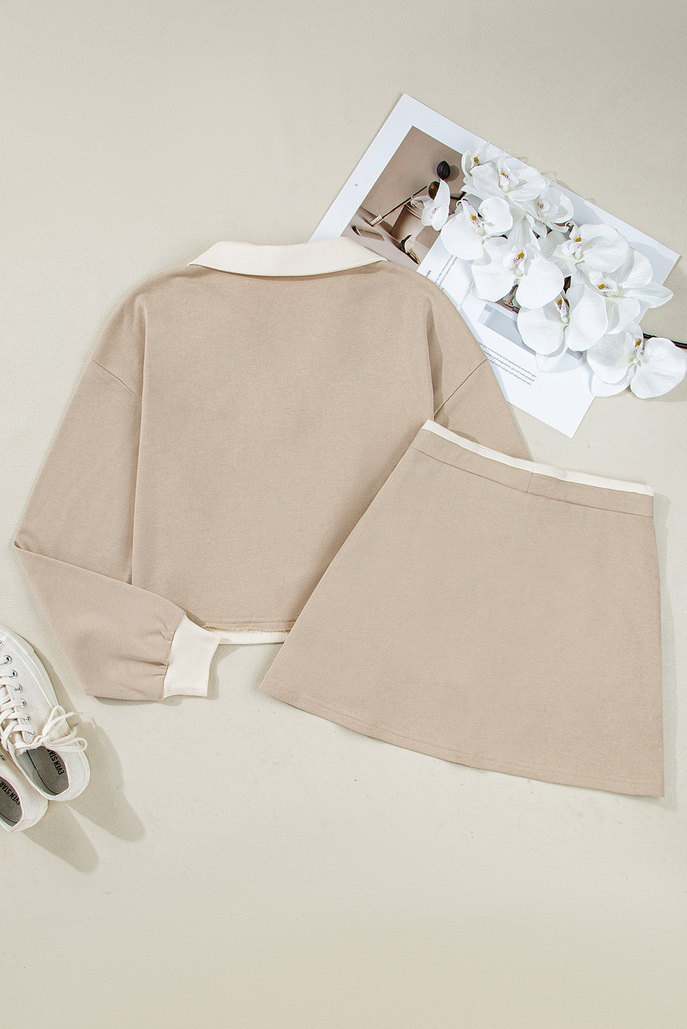 Raw Edge Detail Colorblock Patchwork Cropped Pullover Drawstring Skirt Set