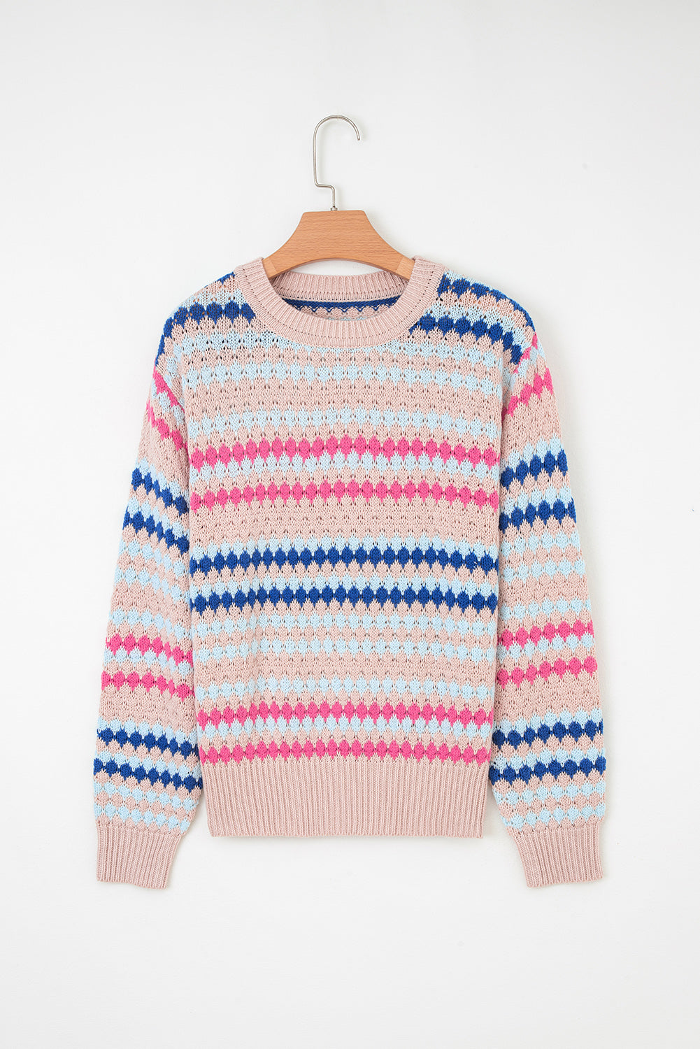 Stripe Eyelet Patterned Drop Shoulder Sweater