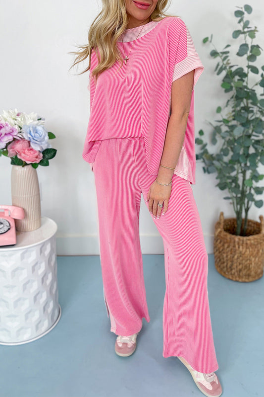 2-tone Colorblock Patchwork Corded 2pcs Outfit