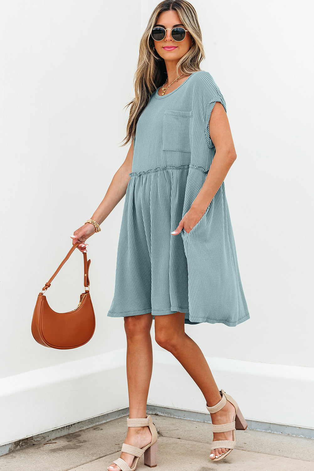 Corded Knit Textured Patched Pocket Frilled Swing Mini Dress with Pockets